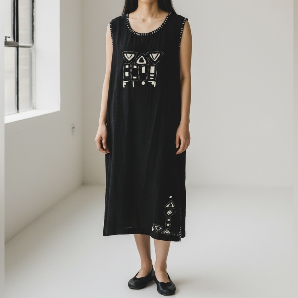 Vintage Sandy Starkman Maxi Dress Black Sleeveless Linen Blend Hand Embellished